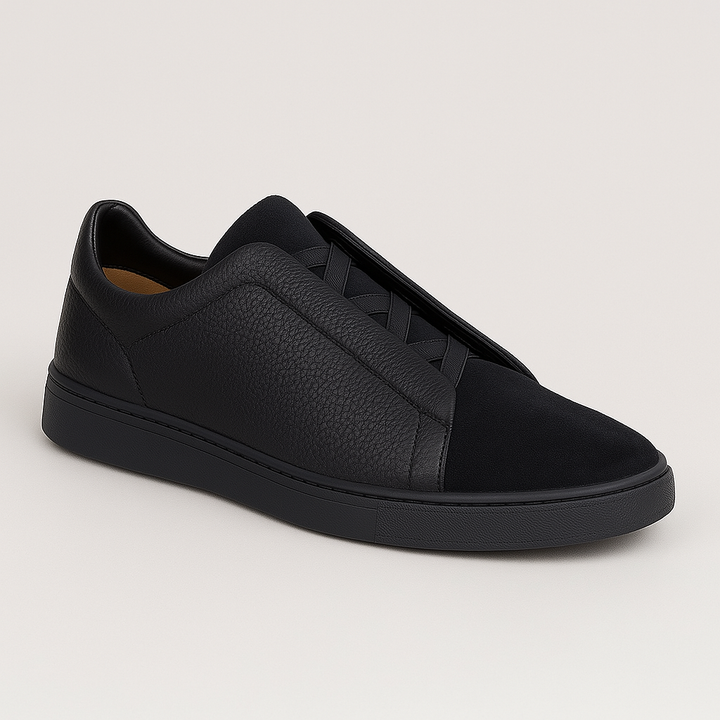 "Baskets homme premium confort moderne, design épuré, polyvalentes, idéales pour style quotidien, accent noir et blanc."