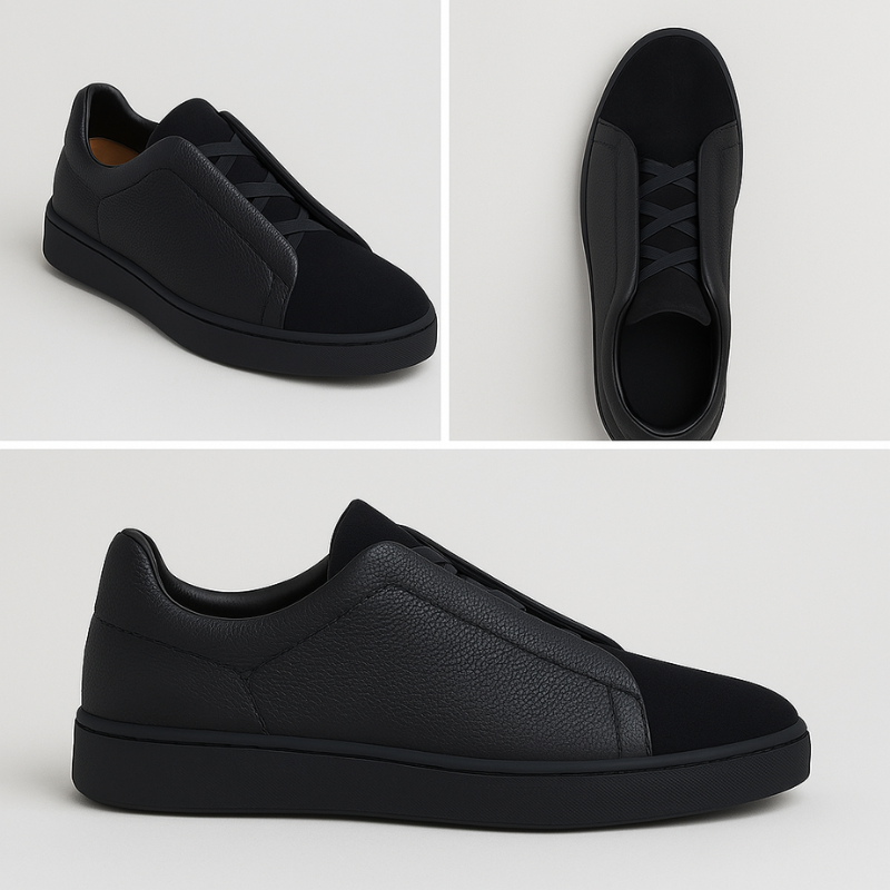 "Baskets homme premium confort moderne, design épuré, polyvalentes, idéales pour style quotidien, accent noir et blanc."