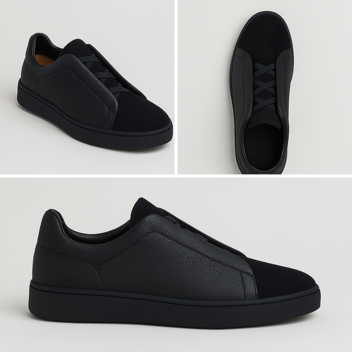 "Baskets homme premium confort moderne, design épuré, polyvalentes, idéales pour style quotidien, accent noir et blanc."