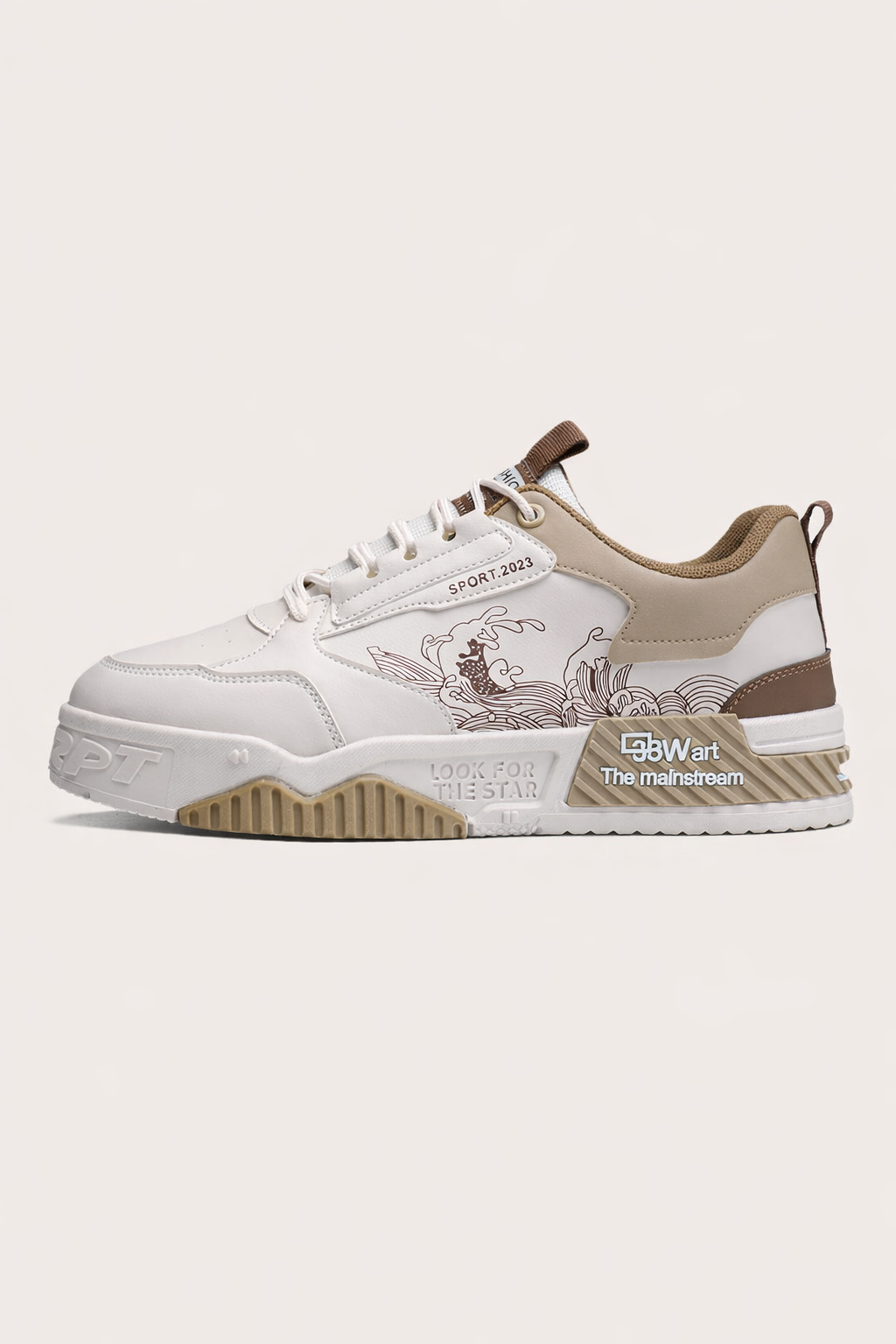 Baskets homme urbaines décontractées beige et noir, confortables pour le quotidien, style moderne et graphique.