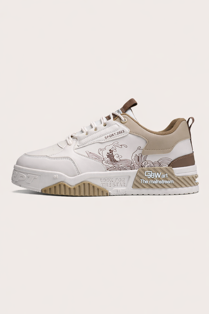 Baskets homme urbaines décontractées beige et noir, confortables pour le quotidien, style moderne et graphique.