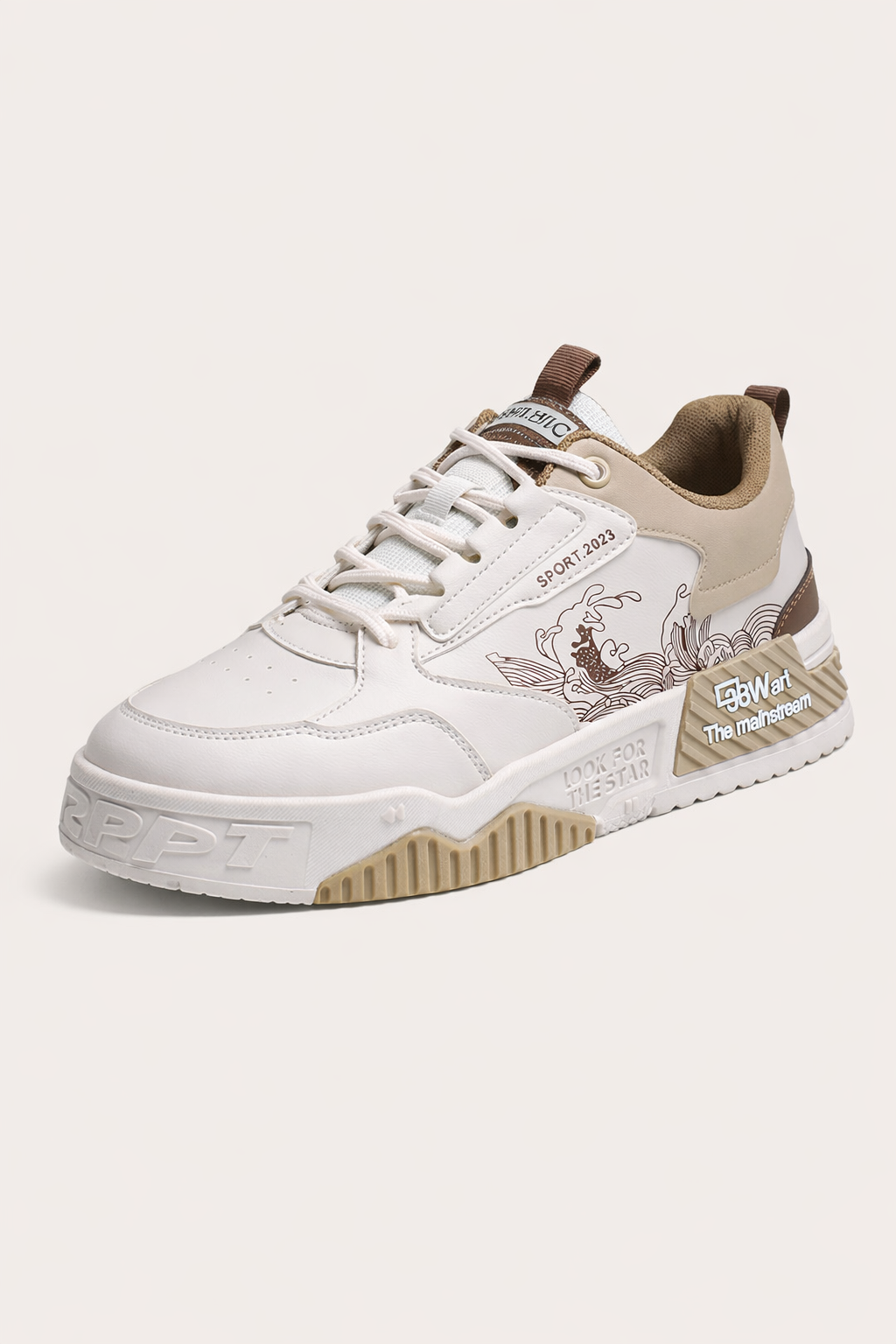 Sneakers homme confortables beige et noir, design graphique, idéales pour un look urbain décontracté.