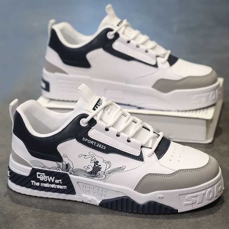 Baskets homme beige et noir, design graphique, offrant confort optimal et style urbain décontracté.