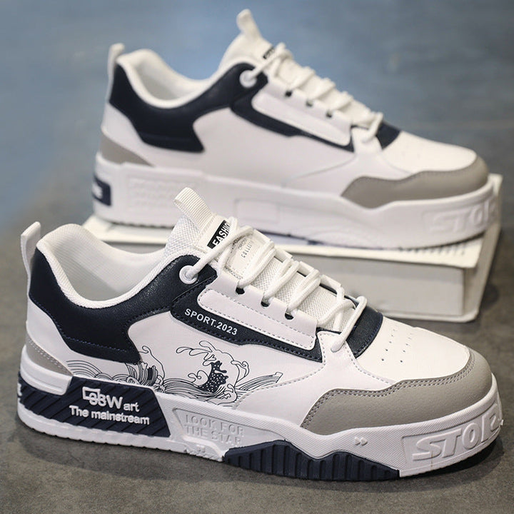 Baskets homme beige et noir, design graphique, offrant confort optimal et style urbain décontracté.
