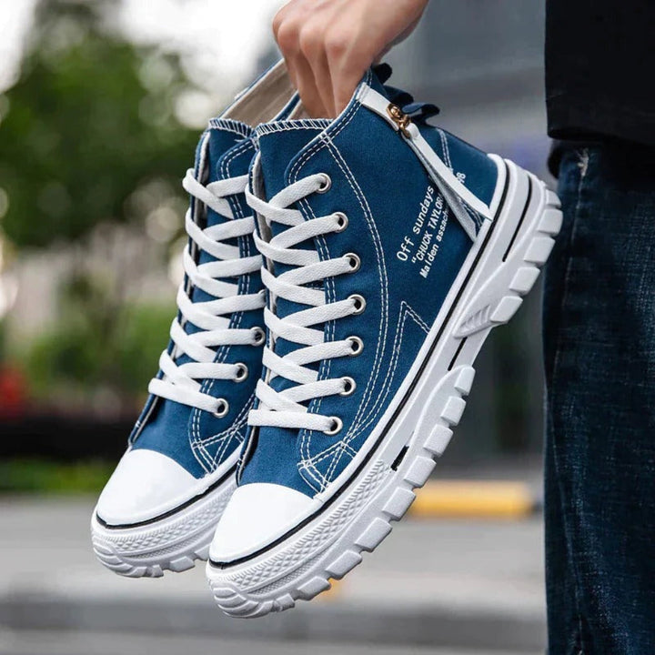 "Baskets montantes hommes en toile épaisse avec semelle plateforme, design élégant et urbain, couleur unie, lacets ajustables