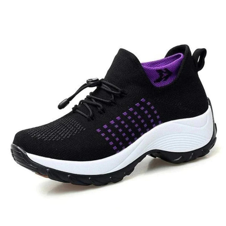 "Baskets orthopédiques femme confortables, boîte à orteils large pour soulagement hallux valgus, vue de profil."