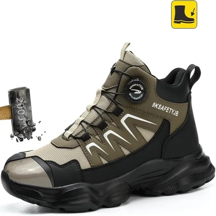 Baskets de sécurité hommes montantes avec bouton rotatif. Confort optimal, protection pieds pour travail.