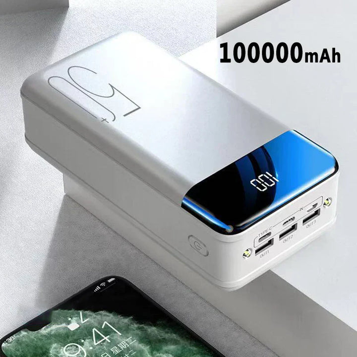 Batterie externe 100000mAh haute capacité. Recharge rapide, design compact, compatible avec plusieurs appareils. Idéale pour 