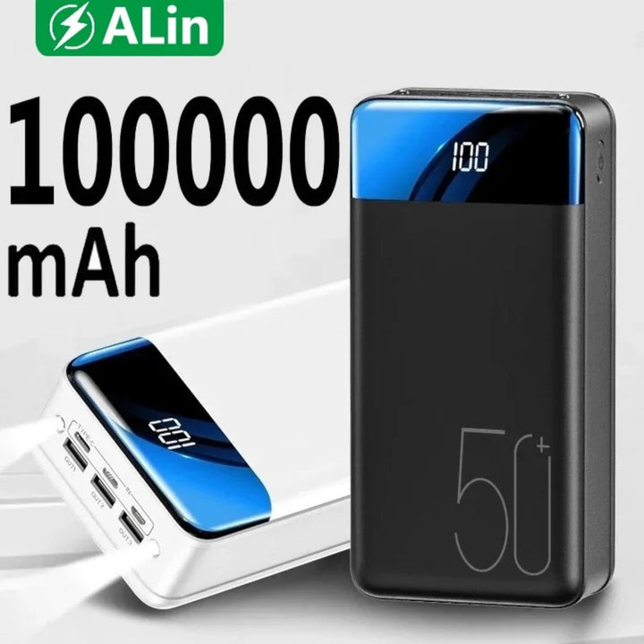 Batterie externe 100000mAh, recharge rapide. Design compact et portable, idéale pour voyages.