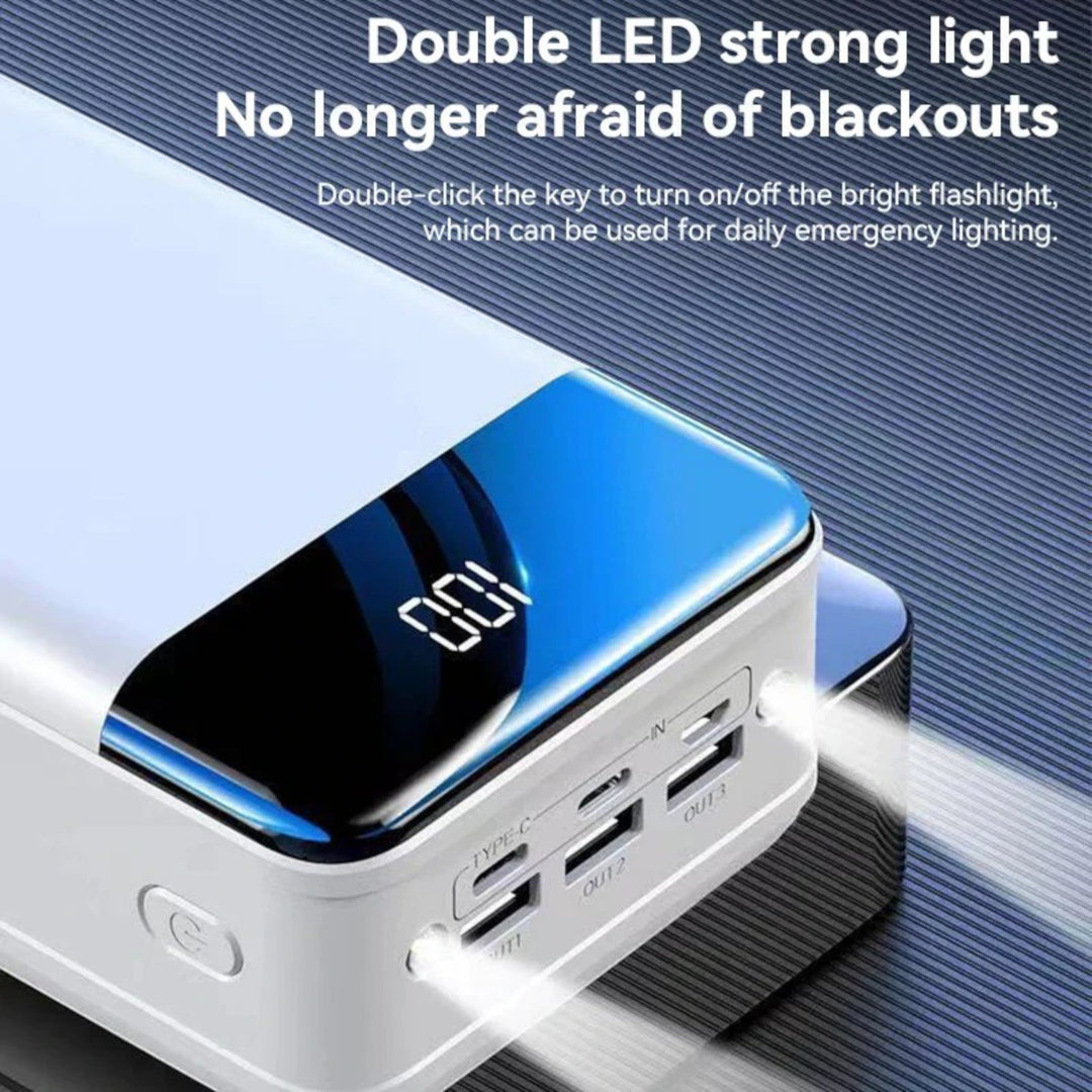 Batterie externe 100000mAh, recharge rapide. Design compact et portable, idéale pour voyages.