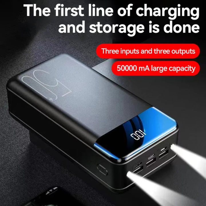 Batterie externe 100000mAh, recharge rapide. Design compact et portable, idéale pour voyages.