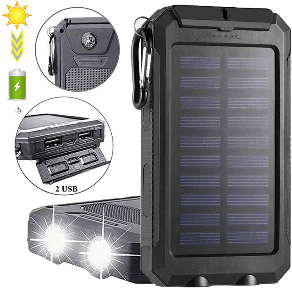 Batterie externe solaire 10 000 mAh étanche antichoc avec panneau solaire, design compact, idéale pour l'extérieur.