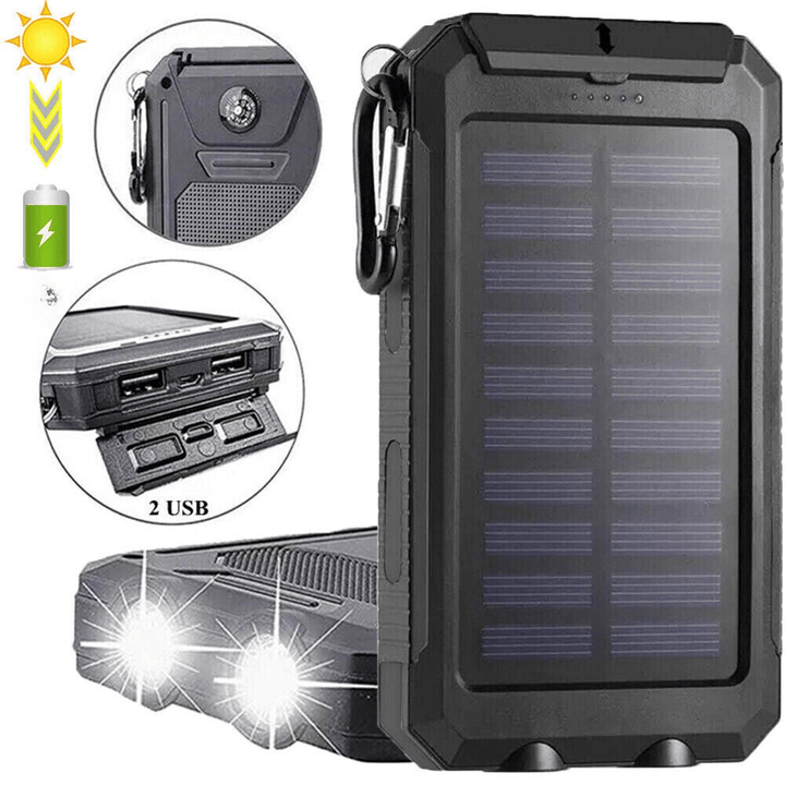 Batterie externe solaire 10 000 mAh étanche antichoc avec panneau solaire, design compact, idéale pour l'extérieur.
