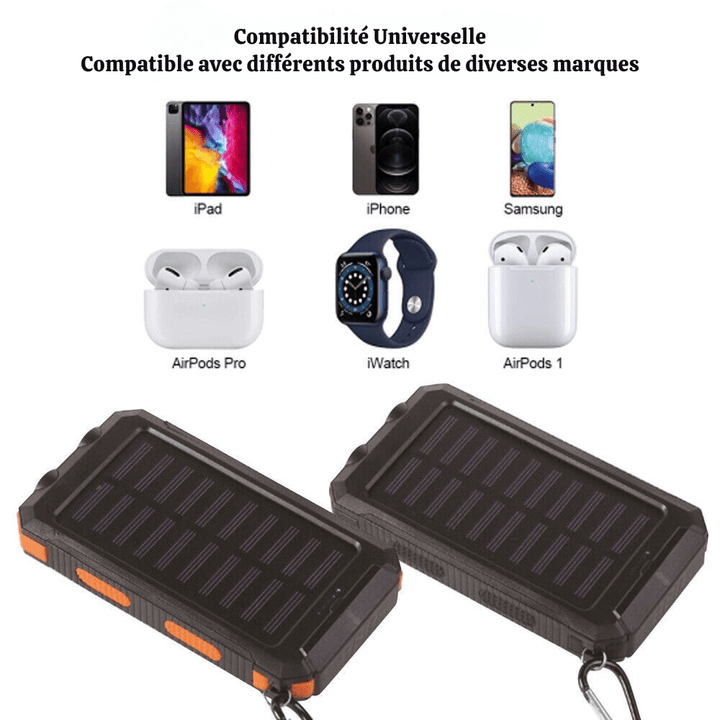 Batterie externe solaire 10 000 mAh étanche antichoc avec panneau solaire, design compact, idéale pour l'extérieur.