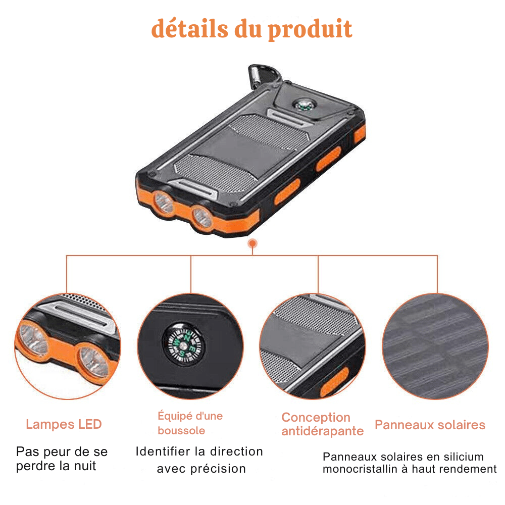Batterie externe solaire 10 000 mAh étanche antichoc avec panneau solaire, design compact, idéale pour l'extérieur.