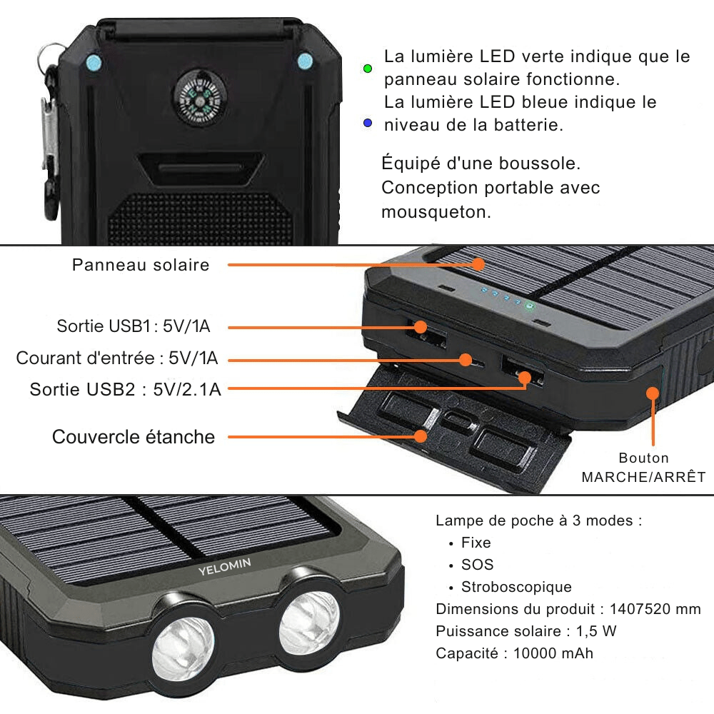 Batterie externe solaire 10 000 mAh étanche antichoc avec panneau solaire, design compact, idéale pour l'extérieur.