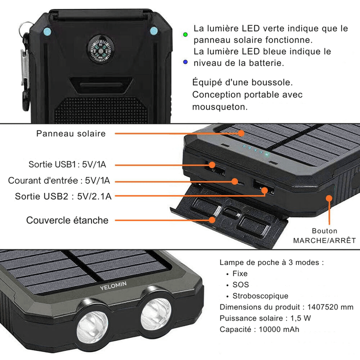 Batterie externe solaire 10 000 mAh étanche antichoc avec panneau solaire, design compact, idéale pour l'extérieur.