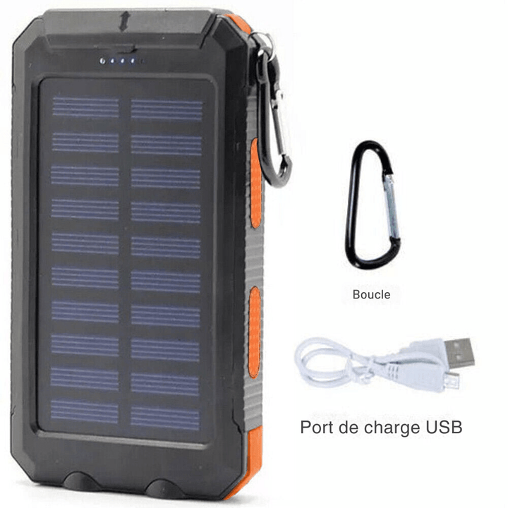 Batterie externe solaire 10 000 mAh étanche antichoc avec panneau solaire, design compact, idéale pour l'extérieur.