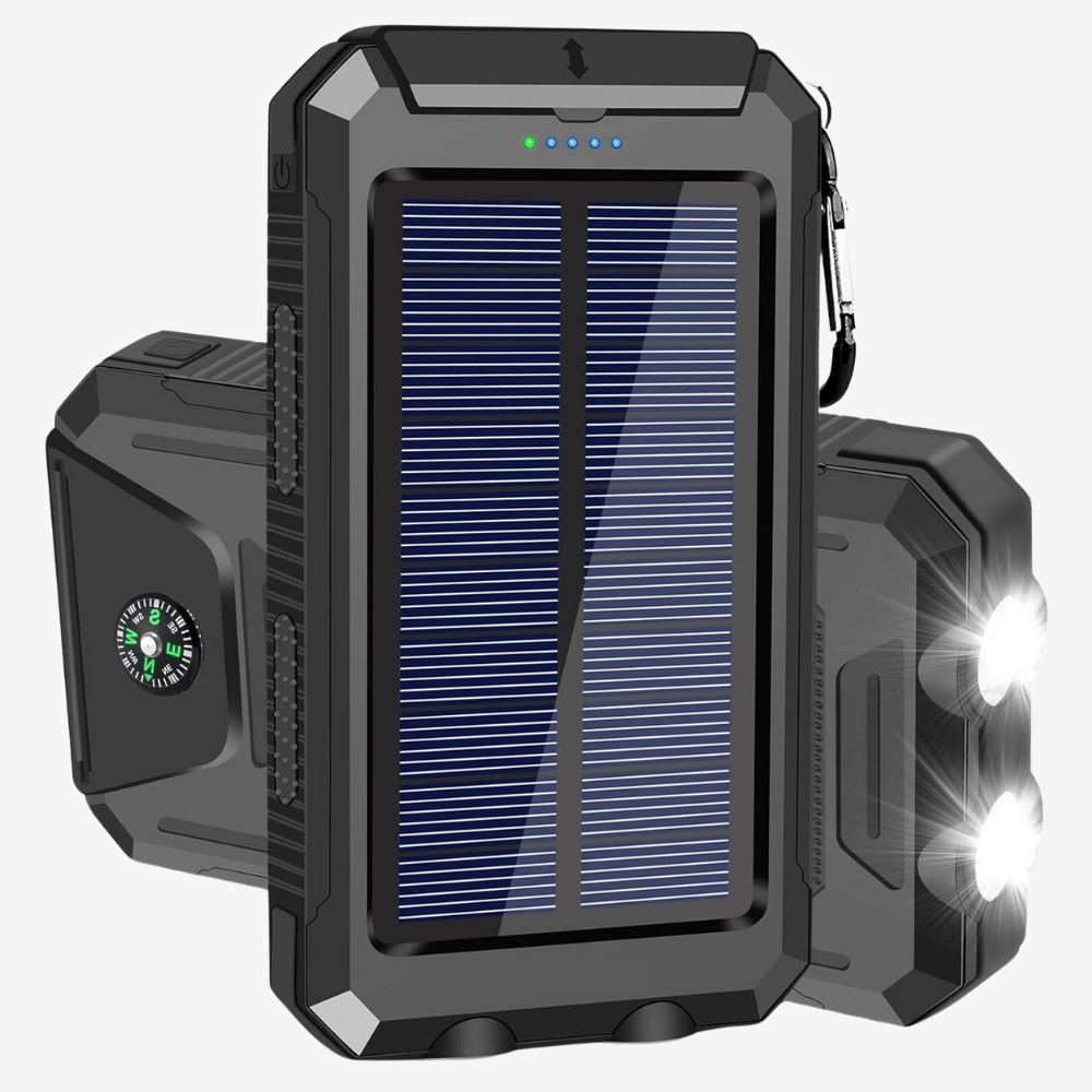 Batterie externe solaire 10 000 mAh étanche antichoc avec panneau solaire, design compact, idéale pour l'extérieur.