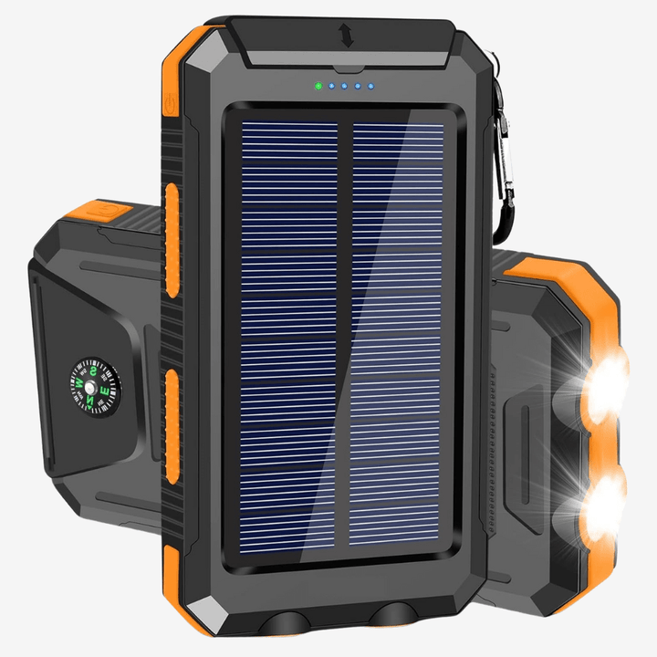 Batterie externe solaire 10 000 mAh étanche antichoc avec panneau solaire, design compact, idéale pour l'extérieur.