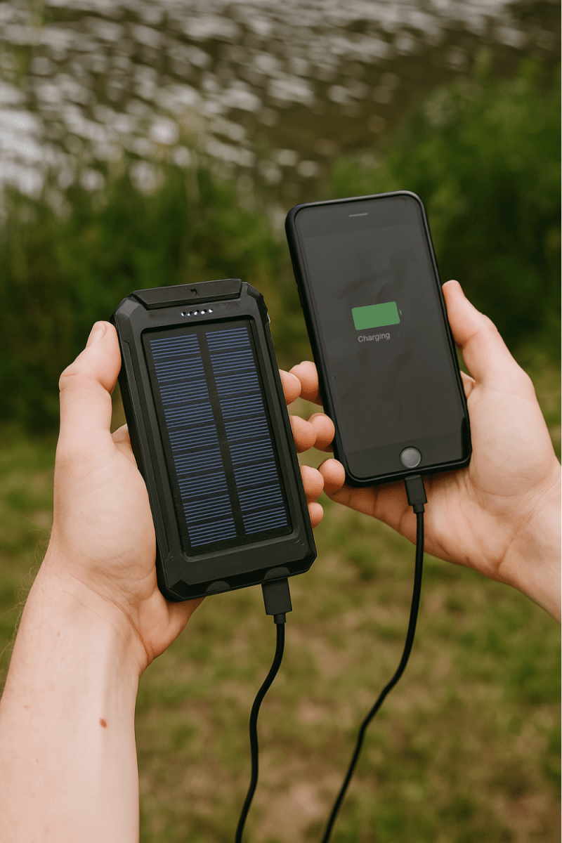 Batterie externe solaire 10 000 mAh étanche antichoc avec panneau solaire, design compact, idéale pour l'extérieur.