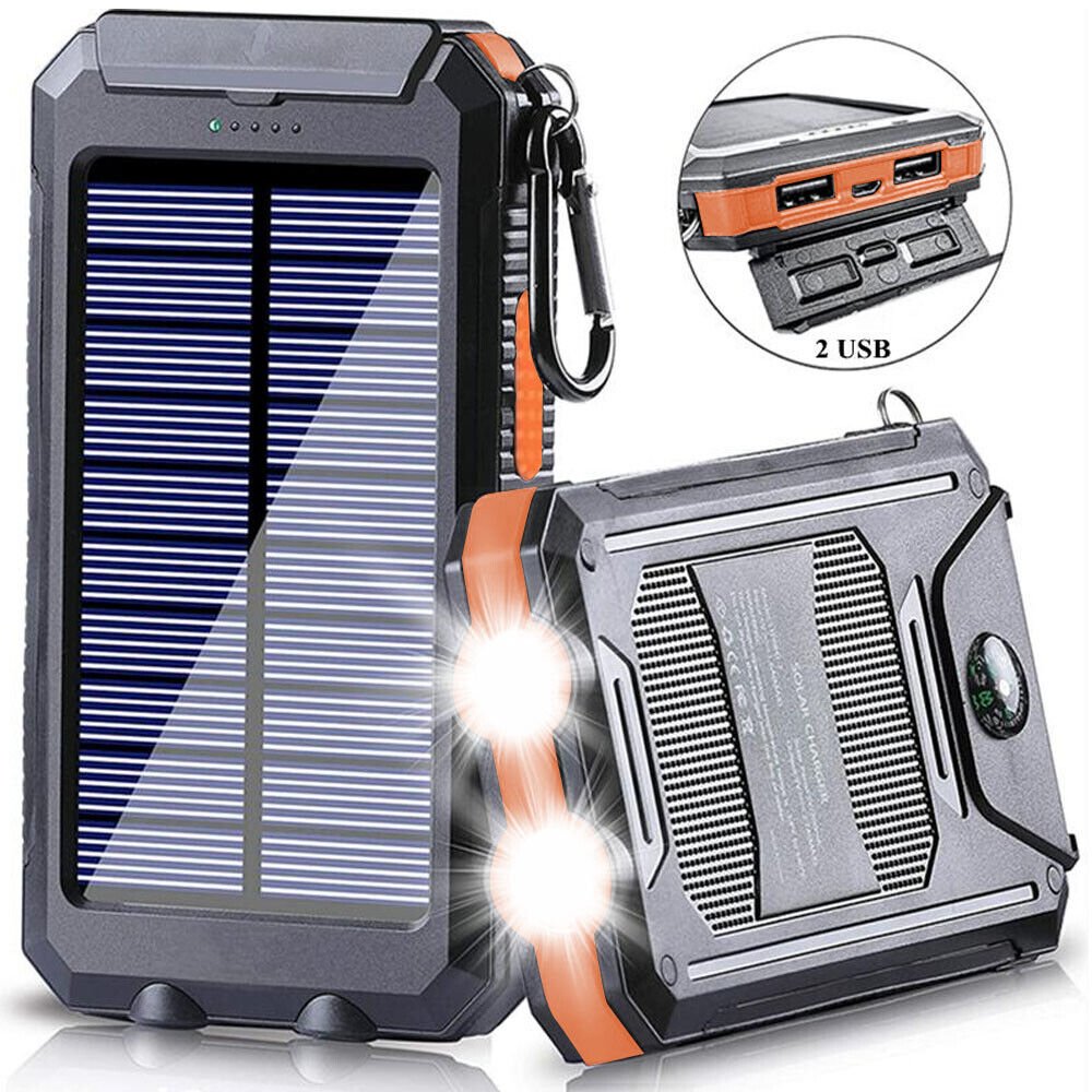 Batterie externe solaire 10 000 mAh étanche antichoc avec panneau solaire, design compact, idéale pour l'extérieur.