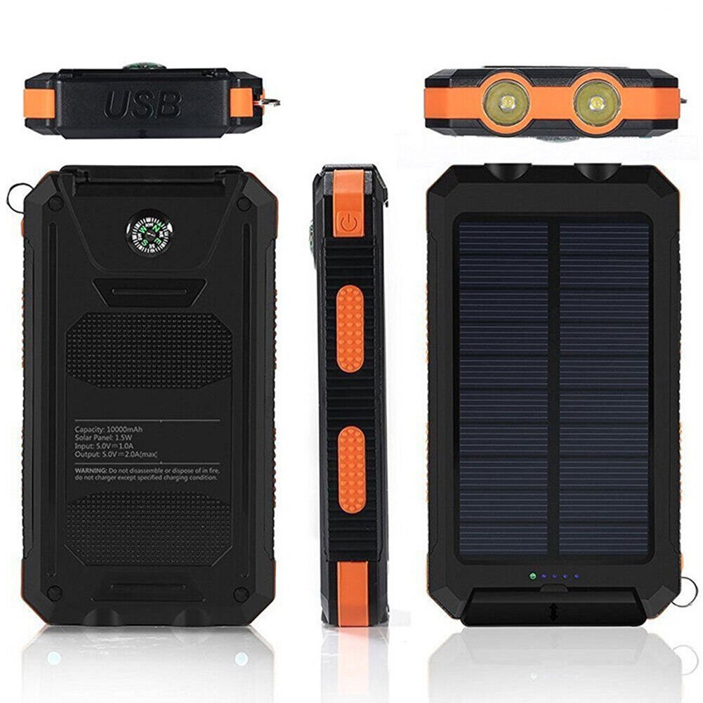 Batterie externe solaire 10 000 mAh étanche antichoc avec panneau solaire, design compact, idéale pour l'extérieur.