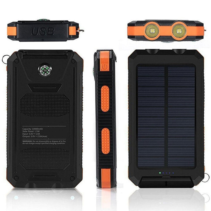 Batterie externe solaire 10 000 mAh étanche antichoc avec panneau solaire, design compact, idéale pour l'extérieur.