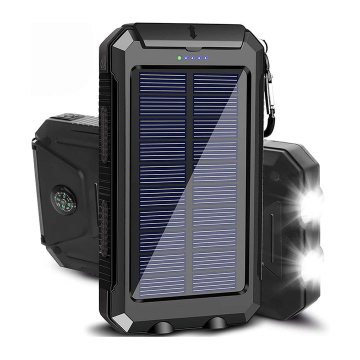 "Batterie externe solaire robuste avec ports USB rapides, panneaux solaires intégrés, LED, boussole et mousqueton"