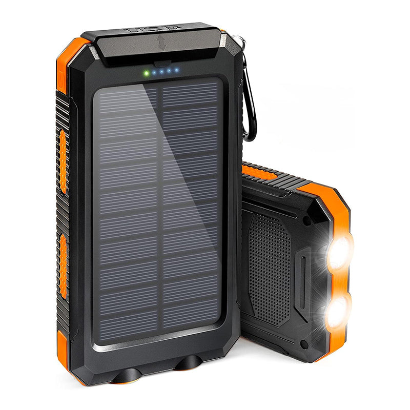 "Batterie externe solaire robuste avec ports USB rapides, panneaux solaires intégrés, LED, boussole et mousqueton"