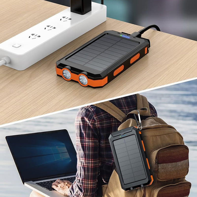 "Batterie externe solaire robuste avec ports USB rapides, panneaux solaires intégrés, LED, boussole et mousqueton"