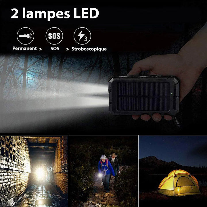 "Batterie externe solaire robuste avec ports USB rapides, panneaux solaires intégrés, LED, boussole et mousqueton"
