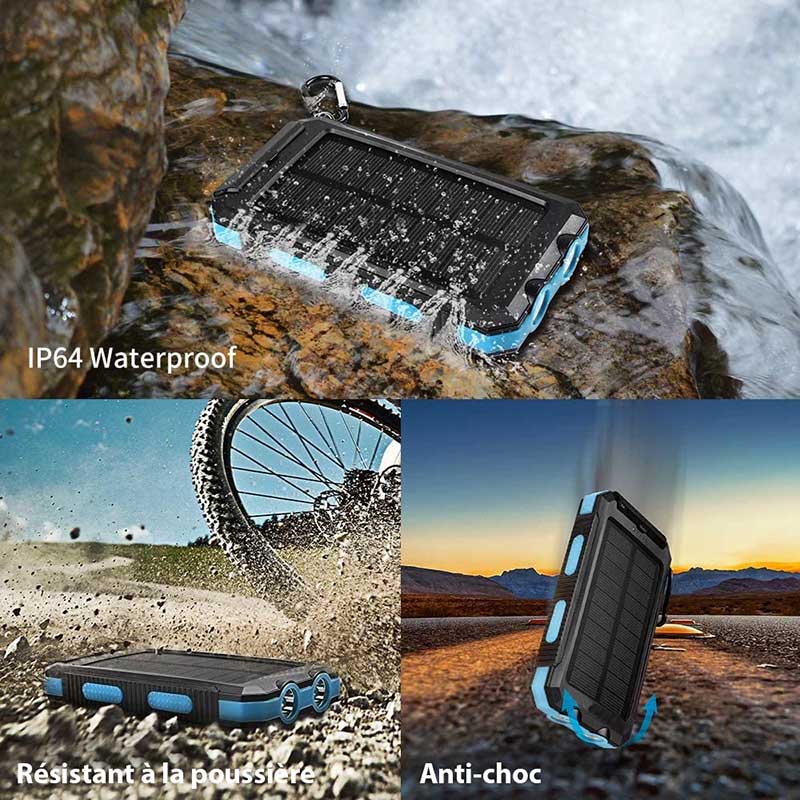 "Batterie externe solaire robuste avec ports USB rapides, panneaux solaires intégrés, LED, boussole et mousqueton"