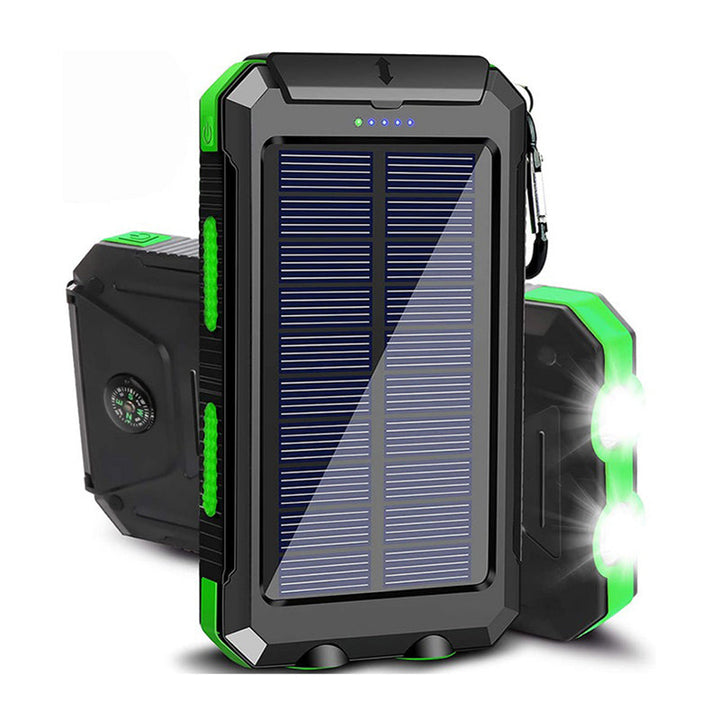 "Batterie externe solaire robuste avec ports USB rapides, panneaux solaires intégrés, LED, boussole et mousqueton"