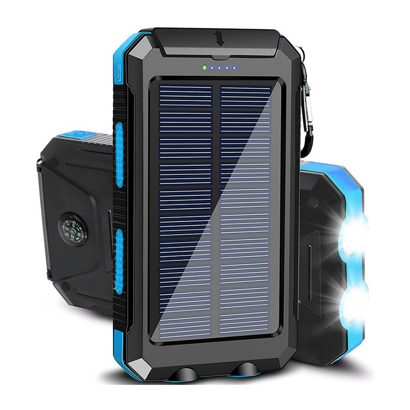 "Batterie externe solaire robuste avec ports USB rapides, panneaux solaires intégrés, LED, boussole et mousqueton"
