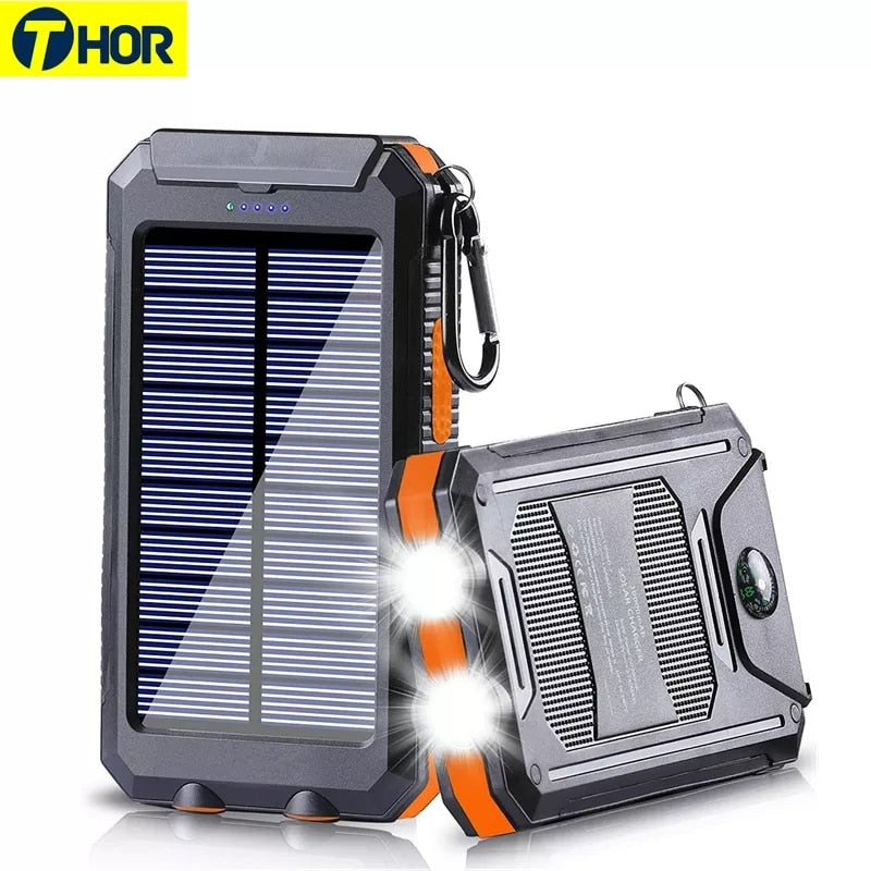 Batterie solaire 20000mAh, double USB, étanche, antichoc.  Recharge solaire, LED intégrée.  Idéale pour le voyage.