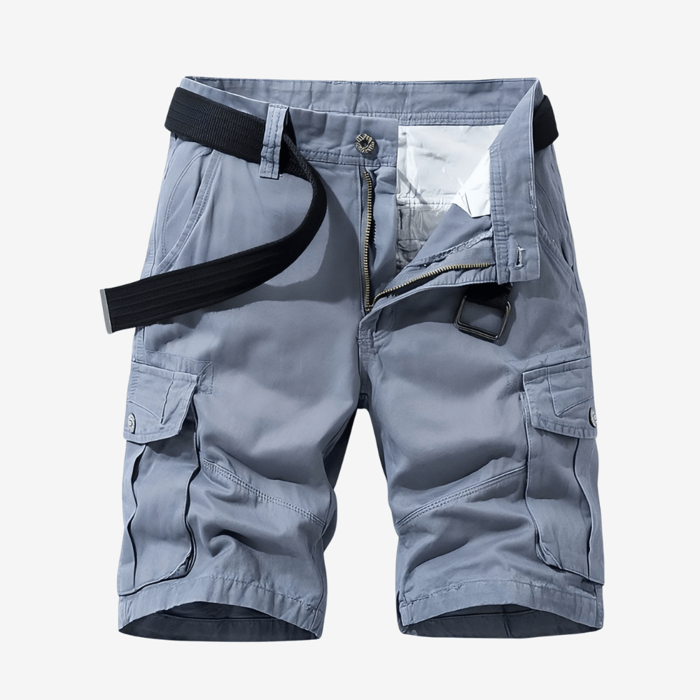 "Bermuda de randonnée homme léger et robuste, tissu respirant, ceinture ajustable et poches cargo pour aventure en plein air.