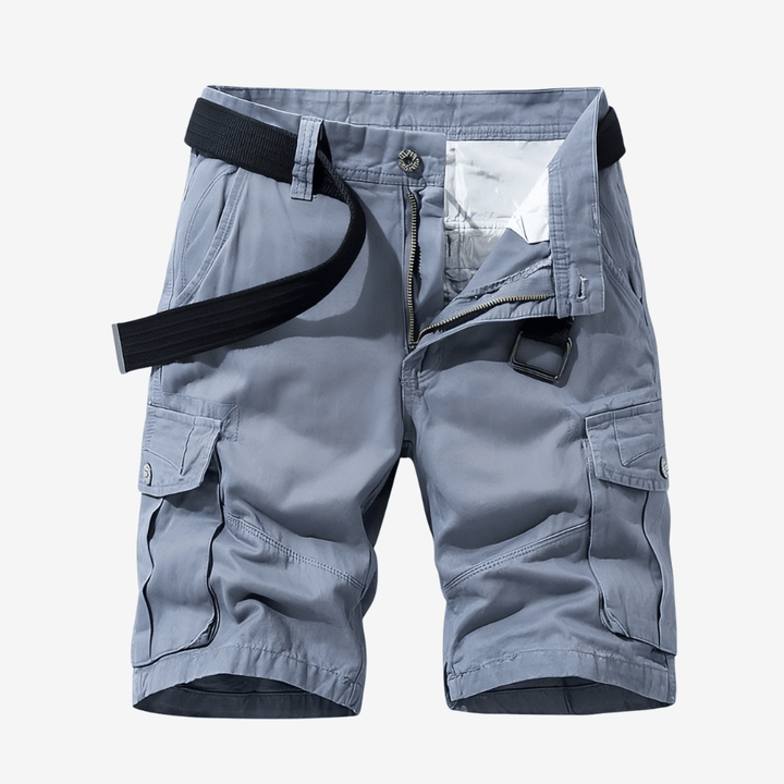 "Bermuda de randonnée homme léger et robuste, tissu respirant, ceinture ajustable et poches cargo pour aventure en plein air.