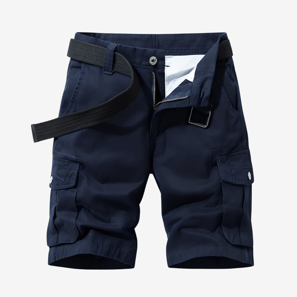 "Bermuda de randonnée homme léger et robuste, tissu respirant, ceinture ajustable et poches cargo pour aventure en plein air.