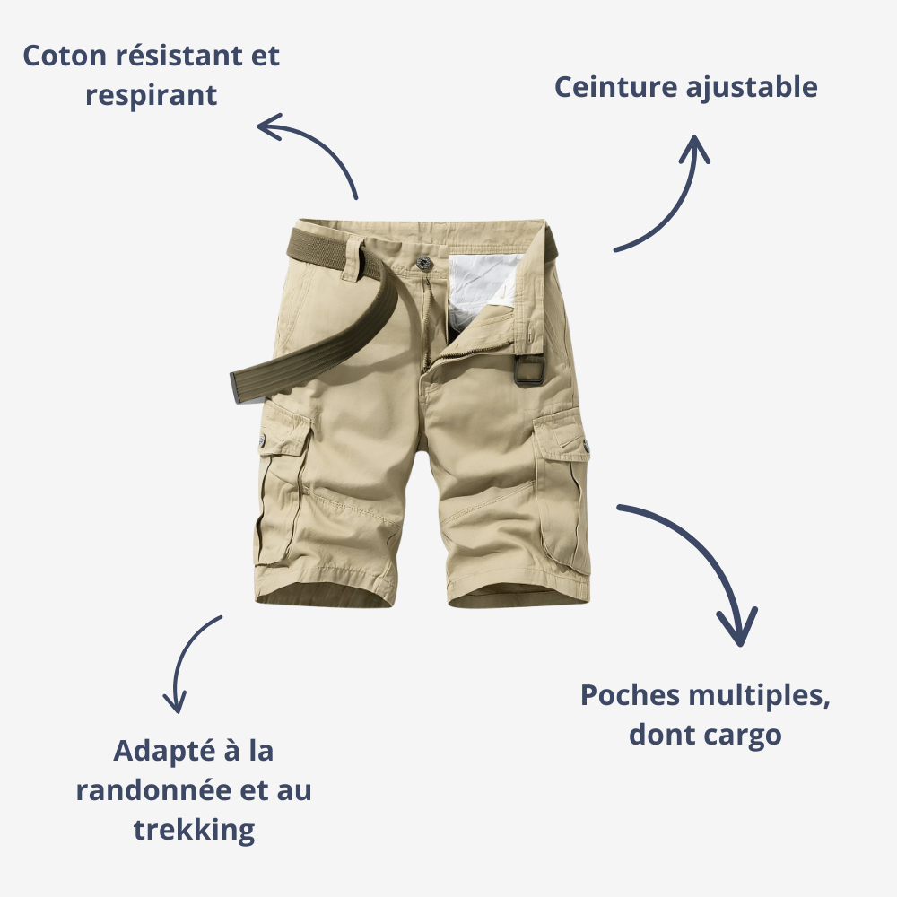 "Bermuda de randonnée homme léger et robuste, tissu respirant, ceinture ajustable et poches cargo pour aventure en plein air.