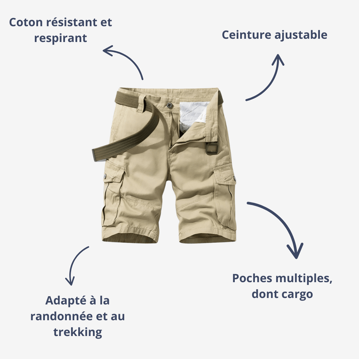 "Bermuda de randonnée homme léger et robuste, tissu respirant, ceinture ajustable et poches cargo pour aventure en plein air.