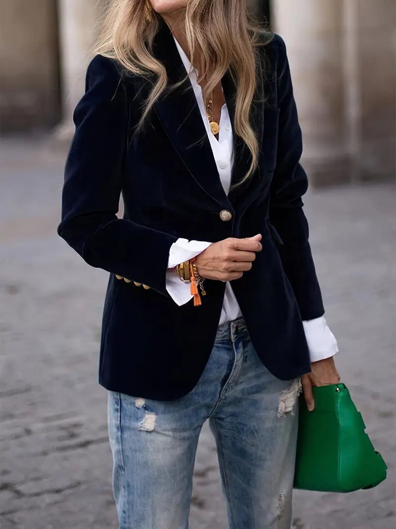 "Blazer élégant en velours bleu foncé pour femme, coupe flatteuse, parfait pour occasions formelles et décontractées."