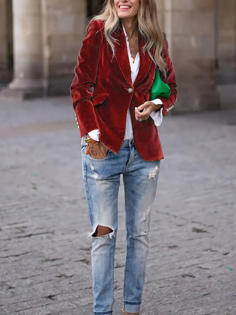 "Blazer élégant en velours bleu foncé pour femme, coupe flatteuse, parfait pour occasions formelles et décontractées."