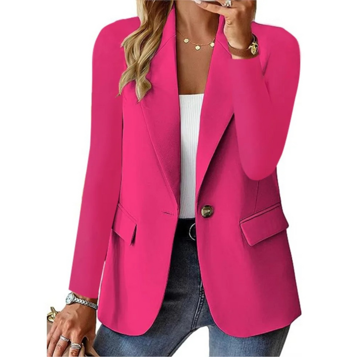 "Blazer élégant pour femmes, coupe ajustée, vue de face, en noir, bleu, rose, chic pour affaires ou sorties décontractées."