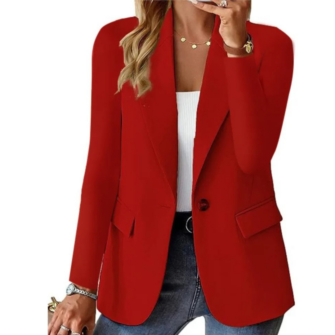 "Blazer élégant pour femmes, coupe ajustée, vue de face, en noir, bleu, rose, chic pour affaires ou sorties décontractées."