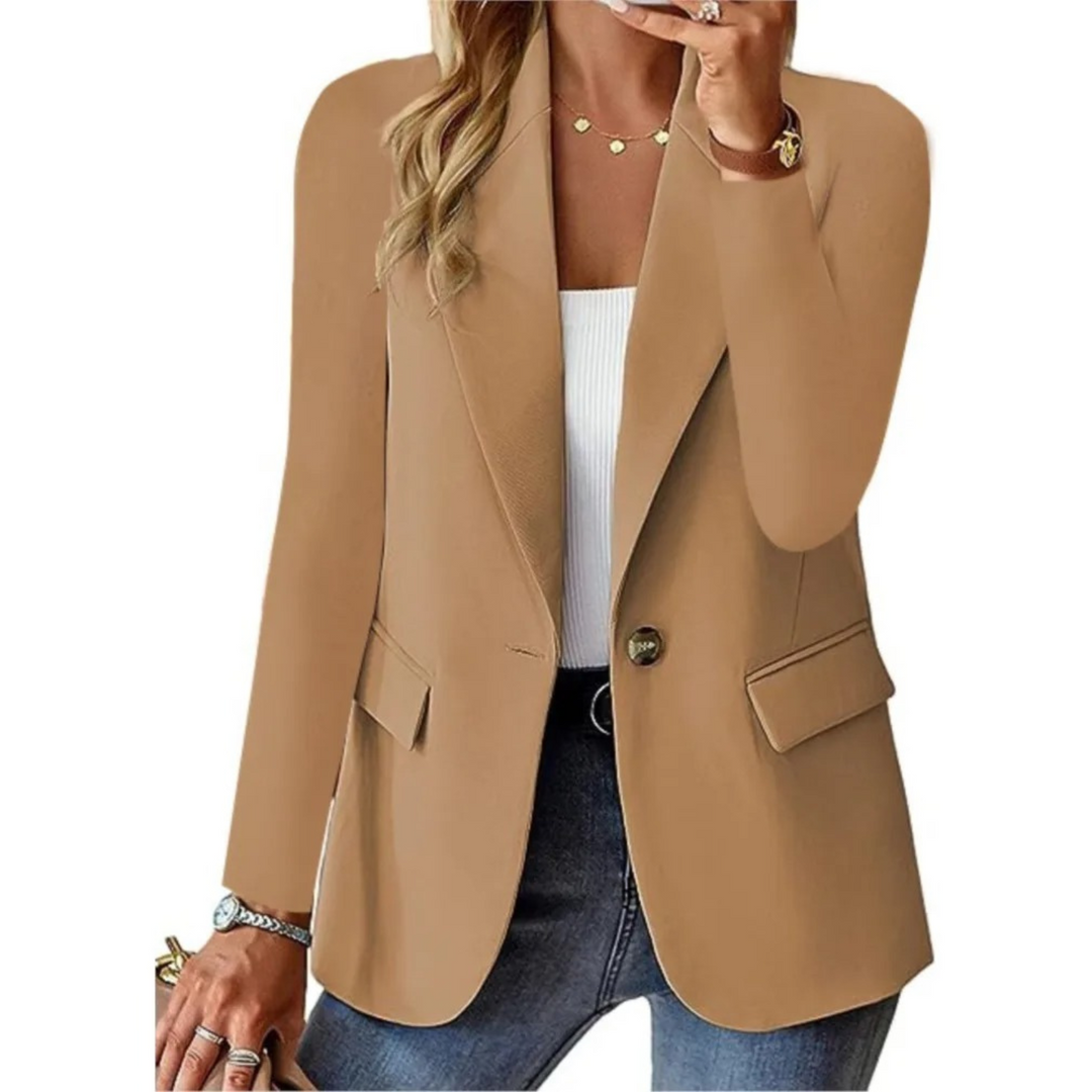 "Blazer élégant pour femmes, coupe ajustée, vue de face, en noir, bleu, rose, chic pour affaires ou sorties décontractées."