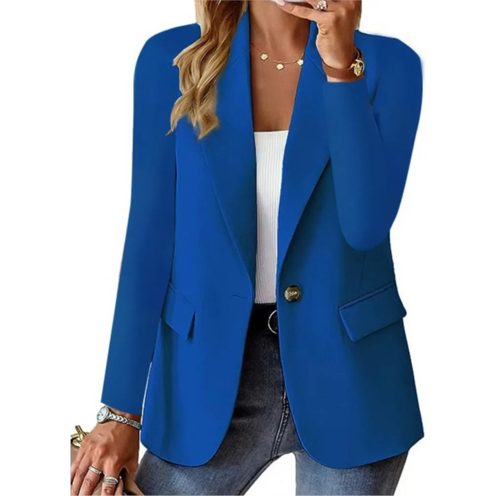 "Blazer élégant pour femmes, coupe ajustée, vue de face, en noir, bleu, rose, chic pour affaires ou sorties décontractées."