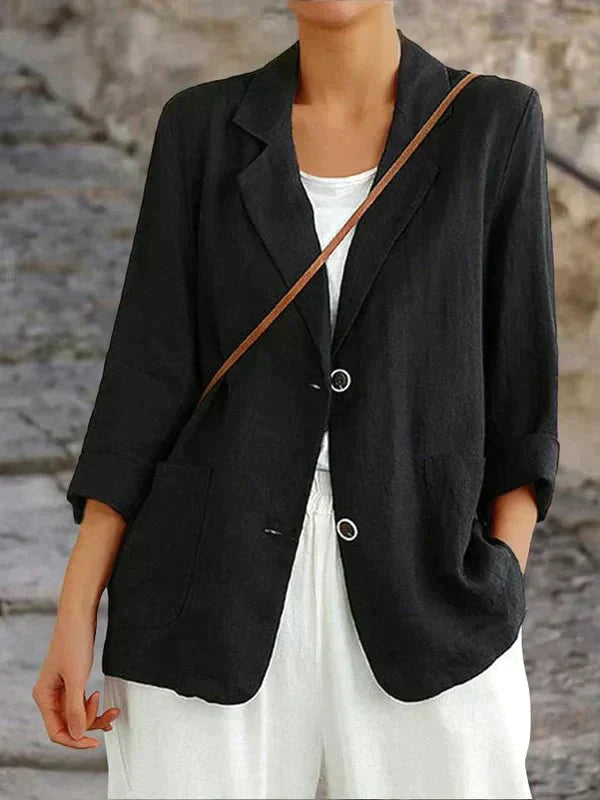 Blazer en lin décontracté pour femmes, coupe moderne, léger, couleur neutre, parfait pour le confort et l'élégance.