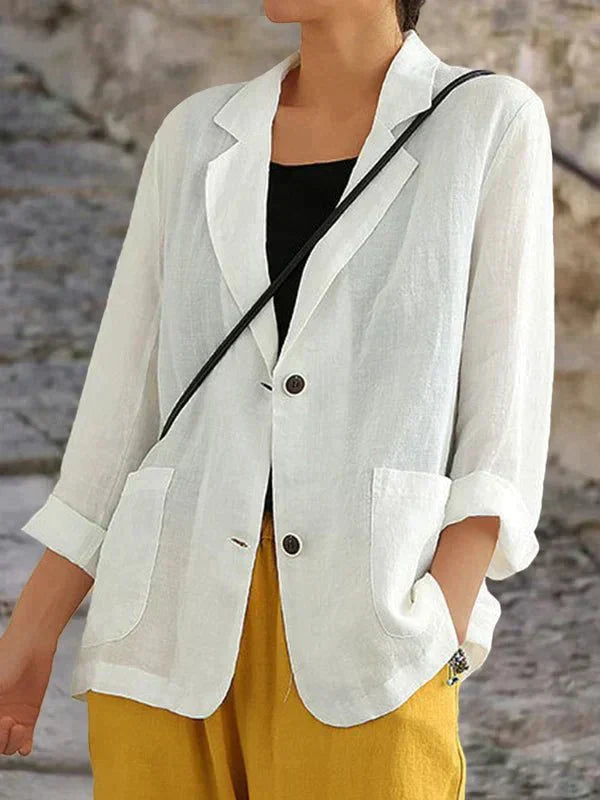 Blazer en lin décontracté pour femmes, coupe moderne, léger, couleur neutre, parfait pour le confort et l'élégance.