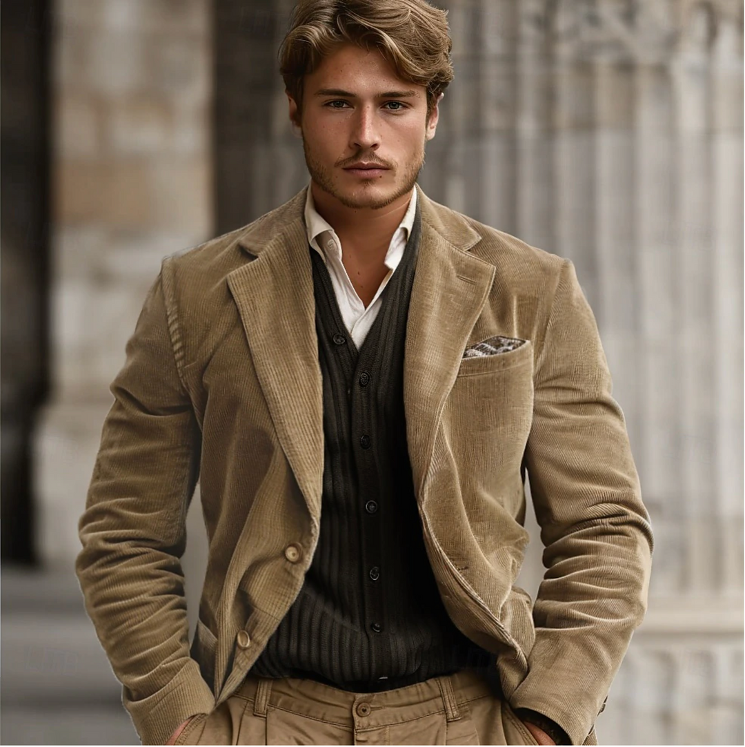 Blazer en velours côtelé pour hommes, texture luxueuse, coupe élégante idéale pour tenues décontractées ou formelles.